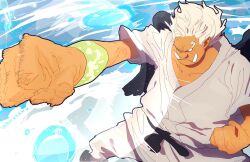 1boy black_sash black_wings clenched_hands closed_mouth commentary highres japanese_clothes kimono male_focus one_piece s-shark sash seraphim_(one_piece) short_hair solo taku_(aywakutakuay) tusks white_hair white_kimono wind wings wristband