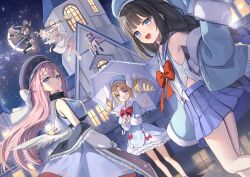 6+girls :d absurdres angel_wings arms_up beret black_boots black_coat black_hair black_hat black_thighhighs blonde_hair blue_capelet blue_eyes blue_hat blue_jacket blue_sailor_collar boots bow bow_skirt bowtie braid braided_bangs broom broom_riding capelet character_request closed_eyes closed_mouth coat commentary_request copyright_request double_bun drill_hair floating_hair flying frilled_skirt frills fur-trimmed_jacket fur_trim fuyoyo hair_bun hat highres holding holding_broom holding_umbrella jacket layered_skirt leaning_on_person long_sleeves looking_at_viewer miniskirt multiple_girls night night_sky off_shoulder one_side_up open_clothes open_jacket open_mouth outdoors pink_hair pleated_skirt purple_eyes red_bow red_bowtie sailor_collar shirt sidelocks sitting skirt sky sleeveless sleeveless_shirt sleeves_past_fingers sleeves_past_wrists smile standing star_(sky) starry_sky suspender_skirt suspenders thighhighs twin_braids twin_drills umbrella white_boots white_hair white_sailor_collar white_shirt white_skirt white_wings wings witch_hat