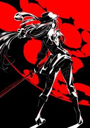 1girl boots closed_mouth from_behind hand_on_own_hip hat high_heel_boots high_heels highres holding holding_sword holding_weapon kage_no_jitsuryokusha_ni_naritakute! limited_palette long_hair mary_(kage_no_jitsuryokusha_ni_naritakute!) nakanishi_kazuya profile shadow solo standing sword weapon