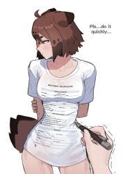 1girl animal_ears breasts character_request copyright_request highres holding job_application_form_(meme) large_breasts meme open_mouth shirt short_hair simple_background solo_focus tail trembling wersman white_background white_shirt