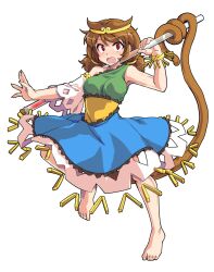 1girl alphes_(style) barefoot blue_dress blush brown_hair circlet commentary_request dairi detached_sleeves dress full_body green_dress large_variant_set long_hair low_twintails monkey_tail multicolored_dress open_mouth parody prehensile_tail red_eyes single-shoulder_dress single_detached_sleeve solo son_biten standing style_parody tachi-e tail test_tube touhou transparent_background twintails variant_set white_sleeves yellow_dress