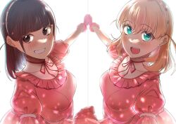Rule 34 | 2girls, :d, absurdres, animification, aqua eyes, blush, breasts, brown eyes, brown hair, character name, chromatic aberration, collarbone, commentary request, crossed bangs, dress, flower hairband, frilled dress, frilled gloves, frills, gloves, grin, highres, hinoshita kaho, holding hands, interlocked fingers, link! like! love live!, looking at viewer, love live!, medium breasts, medium hair, multiple girls, nirei nozomi, open mouth, orange hair, pink dress, pink gloves, puffy short sleeves, puffy sleeves, real life, reflection in the mirror (love live!), see-through clothes, short sleeves, simple background, smile, symmetry, two side up, upper body, voice actor, voice actor connection, white background, yaa-kun