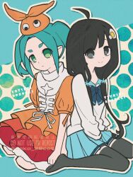 Rule 34 | 2girls, ahoge, araragi tsukihi, black eyes, black hair, black thighhighs, blue background, blue bow, blue bowtie, blue hair, blue sailor collar, blue skirt, bow, bowtie, character name, closed mouth, cotton 1186, dress, egg hair ornament, english text, expressionless, flat chest, food-themed hair ornament, full body, green eyes, hair ornament, highres, layered dress, long hair, long sleeves, looking at viewer, low twintails, medium hair, monogatari (series), multiple girls, no shoes, ononoki yotsugi, orange dress, parted bangs, pleated skirt, pointy ears, puffy short sleeves, puffy sleeves, rabbit hair ornament, sailor collar, school uniform, serafuku, short sleeves, sitting, skirt, smile, split mouth, thighhighs, twintails, twitter username, wariza, watermark