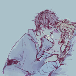 1boy 1girl adam&#039;s_apple blonde_hair blue_background blush bokujou_monogatari bokujou_monogatari:_mittsu_no_sato_no_taisetsuna_tomodachi brown_hair collarbone couple dutch_angle french_kiss hand_in_another&#039;s_hair hetero hinata_(bokujou_monogatari) japanese_clothes kimono kimono_pull kiss lying lying_on_person nanami_(bokujou_monogatari) obi off_shoulder on_back on_bed puff_of_air raised_eyebrows salad726 saliva sash simple_background sweat thick_eyebrows tongue tongue_out wavy_hair yukata