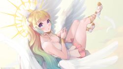 Rule 34 | 1girl, absurdres, bare shoulders, blonde hair, blue eyes, blush, breasts, cleavage, collarbone, colored tips, dress, frilled dress, frills, green hair, halo, highres, indie virtual youtuber, long hair, looking at viewer, medium breasts, mia mikhail (vtuber), multicolored eyes, multicolored hair, open mouth, peesh san, purple eyes, very long hair, virtual youtuber, white dress, wings
