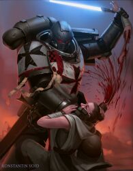1boy 1girl absurdres armor artist_name blood blue_lightsaber brown_hair character_request crossover dismemberment energy_sword guro highres konstantinvoid lightsaber rey_(star_wars) star_wars sword throat_grab warhammer_40k weapon