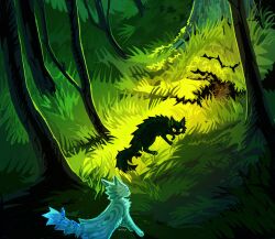 Rule 34 | animal, animal focus, black cat, black fur, blue eyes, cat, commentary, eye contact, fallen leaves (warrior cats), grass, green eyes, grey cat, grey fur, highres, hollyleaf, jayfeather, kitty (fernwhisker), looking at another, no humans, orange eyes, outdoors, power of three, tail, tree, warrior cats