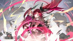 Rule 34 | 1girl, bare shoulders, black gloves, black ribbon, dress, game cg, gem, gloves, highres, holding, holding sword, holding weapon, jewelry, lo po bia shilial zahard, long hair, looking at viewer, pink sword, red eyes, red gemstone, red hair, ribbon, school uniform, sleeveless, sleeveless dress, solo, solo focus, sunsumizu, sword, thighhighs, tower of god, tower of god: great journey, weapon, white thighhighs
