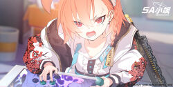 1girl absurdres ahoge black_jacket blue_archive blue_ribbon braid floral_print frilled_shirt frills gun hair_between_eyes hayate_(1034853996) highres jacket long_hair looking_at_viewer mole mole_under_eye neru_(blue_archive) open_mouth red_eyes red_hair revision ribbon shirt sig_mpx sig_sauer single_braid solo submachine_gun sukajan weapon white_shirt white_sleeves