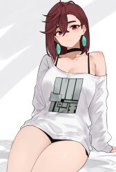 1girl ayase_momo brown_eyes brown_hair choker dandadan earrings highres jewelry shirt short_shorts shorts t-shirt