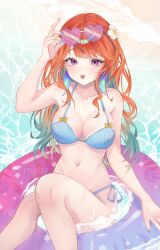 1girl absurdres bikini blue_bikini blue_hair breasts day earrings feather_earrings feathers gradient_hair heart heart-shaped_eyewear highres hololive hololive_english jewelry large_breasts long_hair multicolored_hair navel ocean open_mouth orange_hair outdoors pink-tinted_eyewear pink_innertube purple_eyes pwequu side-tie_bikini_bottom solo swimsuit takanashi_kiara tinted_eyewear virtual_youtuber