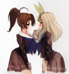 Rule 34 | 2girls, 86thunder, blonde hair, blue sailor collar, brown dress, brown hair, cropped legs, dress, face-to-face, hibike! euphonium, high ponytail, multiple girls, nakagawa natsuki, ponytail, sailor collar, school uniform, white background, yoshikawa yuuko, yuri