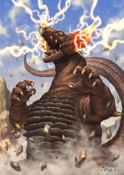 blue_sky boulders claws cloud crest day debris dinosaur dust giant giant_monster glowing_crest glowing_horns gomora horns kaiju monster no_humans nose_horn nurikabe_(mictlan-tecuhtli) official_art open_mouth rei&#039;s_gomora roaring sharp_teeth single_horn sky slit_pupils tail teeth tsuburaya_productions ultra_galaxy_mega_monster_battle ultra_galaxy_mega_monster_battle:_never_ending_odyssey ultra_series ultraman_fusion_fight! yellow_eyes