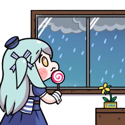 Rule 34 | 1girl, :3, alterkero, aqua hair, blush stickers, candy, canned tuna, chibi, cloud, cloudy sky, dress, flower, food, hat, highres, last origin, lollipop, lrl (last origin), rain, ribbon, sailor dress, sailor hat, sky, solo, swirl lollipop, two side up, window, wrist cuffs, yellow eyes