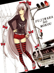 1girl alternate_costume bad_id bad_pixiv_id belt bow car casual cat character_name clothes_writing contemporary digital_media_player female_focus fujiwara_no_mokou hair_bow hair_ribbon hand_on_own_hip headphones hip_focus ipod long_hair looking_at_viewer motor_vehicle nissan nissan_skyline nissan_skyline_c110 ofuda pole power_lines red_eyes red_thighhighs ribbon shirt shoes shorts smile sneakers solo striped_clothes striped_thighhighs t-shirt takemori_shintarou thigh_gap thighhighs touhou traffic_light very_long_hair white_hair