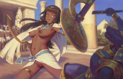 1girl armlet bigrbear breasts cleft_of_venus dark-skinned_female dark_skin female_focus highres holding holding_shield holding_sword holding_weapon jewelry medium_breasts nipple_piercing nipple_rings nipples original outdoors piercing pussy shield sword uncensored usekh_collar weapon zenra