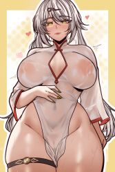 Rule 34 | 1girl, absurdres, artist name, blush, border, breasts, china dress, chinese clothes, cleavage, cleavage cutout, closed mouth, clothing cutout, dress, eyebrows hidden by hair, eyes visible through hair, green eyes, hair ornament, hairclip, hand on own stomach, heart, highleg, highleg dress, highres, large breasts, lipstick, long hair, looking at viewer, makeup, mashiaka, multicolored eyes, nipples, outside border, panties, pelvic curtain, pussy, red lips, see-through clothes, see-through dress, short dress, smile, solo, standing, thigh strap, thighs, turtleneck, turtleneck dress, underwear, very long hair, wet, wet clothes, white background, white dress, white hair, yellow border, yellow eyes, yixuan (zenless zone zero), zenless zone zero