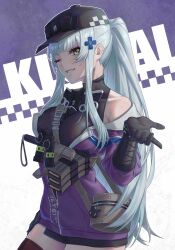 1girl bag baseball_cap black_hat blue_hair character_name commentary cross_hair_ornament english_commentary flashbang girls&#039;_frontline girls&#039;_frontline_2:_exilium green_eyes hair_ornament hat highres hk416_(girls&#039;_frontline) jacket klukai_(girls&#039;_frontline_2) long_hair looking_at_viewer magazine_(weapon) multicolored_jacket one_eye_closed parted_lips ponytail purple_background purple_jacket revok shoulder_bag sidelocks simple_background smile solo tattoo teardrop_facial_mark teardrop_tattoo teeth two-tone_background two-tone_jacket white_background white_jacket
