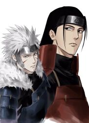2boys armor black_hair closed_mouth facial_mark forehead_protector highres japanese_armor konohagakure_symbol long_hair looking_at_viewer looking_to_the_side male_focus multiple_boys naruto_(series) red_eyes senju_hashirama senju_tobirama short_hair simple_background spiked_hair sso_s white_background white_hair