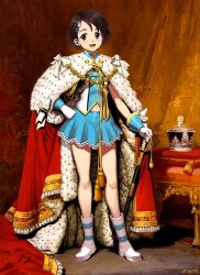 1girl black_eyes black_hair blue_shirt blue_skirt boots crown cushion fortissimo fur-trimmed_robe fur_trim genzoman gloves hair_ornament highres holding holding_sword holding_weapon idolmaster miniskirt multicolored_shirt musical_note musical_note_hair_ornament navel open_mouth rabbit_hair_ornament red_robe ribbon robe royal_robe sasaki_chie shirt short_hair skirt solo standing sword weapon white_boots white_gloves white_ribbon white_shirt