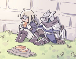 Rule 34 | 1boy, 1girl, alternate costume, arm support, armor, blonde hair, blue surcoat, bread, bread slice, brick wall, brother and sister, brown gloves, commentary, duchess (elden ring), eating, elden ring, elden ring nightreign, eye mask, food, full armor, gloves, grass, helmet, looking at another, omochi anko3, parted bangs, pita (food), plate, siblings, sitting, symbol-only commentary, white gloves, winged helmet, wylder (elden ring)