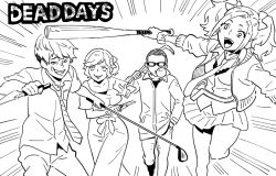 baseball_bat blowing_bubble_gum bow boxcutter breasts buzz_cut chewing_gum collared_shirt copyright_name crowbar dead_days derivative_work furrowed_brow glasses golf_club greyscale grin hair_bow hand_in_pocket holding holding_baseball_bat holding_boxcutter holding_crowbar holding_golf_club holding_knife ito_fumi jacket knife kuresaka_teru large_breasts looking_at_viewer medium_hair mera_manami mitsumine_aira mole mole_under_mouth monochrome motion_lines multiple_hair_bows necktie open_clothes open_jacket open_mouth over_shoulder pants pleated_skirt ponytail running screenshot_redraw shirt short_hair short_ponytail short_sleeves simple_background skirt smile speed_lines tengan_soukichi twintails very_short_hair weapon weapon_over_shoulder