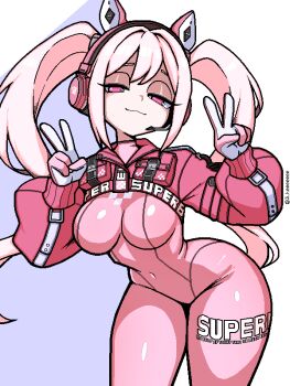 Rule 34 | 1girl, alice (nikke), animal ear headphones, animal ears, bodysuit, breasts, commentary request, covered navel, double-parted bangs, double v, fake animal ears, gloves, goddess of victory: nikke, hair between eyes, headphones, ji heeeeeee, korean commentary, long hair, looking at viewer, narrowed eyes, pink bodysuit, pink eyes, pink hair, pink shrug, sidelocks, skin tight, solo, twintails, two-tone gloves, v