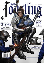 1girl 2others armor barcode bmw breastplate brown_hair chainmail commentary concept_art cover dated elbow_pads english_text faceless fake_magazine_cover fantasy faulds female_focus fingerless_gloves ford full_armor gauntlets gloves greaves gun hair_through_headwear helmet highres holding holding_gun holding_weapon inline_skates johnson_ting lips long_sleeves looking_at_viewer magazine_cover medieval motocross multiple_others nose original pauldrons plate_armor ponytail power_tool realistic roller_skates round_eyewear shoulder_armor single_pauldron sitting skates solo sparks sponsor unworn_headwear unworn_helmet urban_fantasy weapon