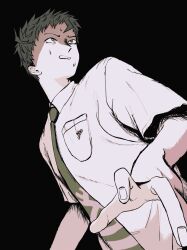 1boy black_background black_hair brown_eyes danganronpa_(series) danganronpa_2:_goodbye_despair green_necktie highres hinata_hajime looking_to_the_side male_focus necktie shaded_face shirt short_hair short_sleeves simple_background sweat uri_ka55 very_short_hair white_shirt