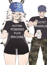 1boy 1girl animal_ears autism black_hair black_shirt blue_eyes blue_hat breasts camouflage camouflage_pants can cleft_of_venus clenched_hand clothes_writing colored_tips ears_through_headwear hair_between_eyes hat hat_writing highres holding holding_can indie_virtual_youtuber miltaire94 monster_energy multicolored_hair naked_skirt open_mouth pants profanity pussy sea_slug_girl see-through_clothes see-through_silhouette shirt skirt smile umi_runa_(vtuber) virtual_youtuber white_hair