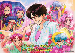 Rule 34 | 1990s (style), 3girls, 5boys, ;p, \m/, abby (kpop demon hunters), anger vein, artist name, baby (kpop demon hunters), black hair, blue hair, brown eyes, collared shirt, double bun, earrings, finger heart, flower, hair bun, hair over eyes, hanavbara, hands on own cheeks, hands on own face, hat, heart, heart-shaped eyes, jacket, jewelry, jinu (kpop demon hunters), kpop demon hunters, mira (kpop demon hunters), multiple boys, multiple girls, mystery (kpop demon hunter), one eye closed, open mouth, pink hair, purple hair, red flower, red rose, retro artstyle, romance (kpop demon hunters), rose, rumi (kpop demon hunters), shirt, smile, sparkle, subtitled, sweatdrop, sweater, tongue, tongue out, twintails, two side up, white hair, zoey (kpop demon hunters)