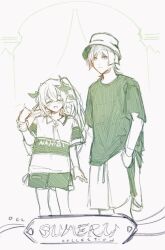 1boy 1girl arm_at_side blunt_ends bracelet bucket_hat character_name clenched_hand closed_eyes closed_mouth dolphin_shorts drawstring facing_viewer fuchin22 genshin_impact green_shirt green_shorts green_sleeves green_theme hair_between_eyes hair_ornament hand_in_pocket hand_up hat jewelry leaf leaf_hair_ornament long_hair monochrome nahida_(genshin_impact) official_alternate_costume open_hand pointy_ears scaramouche_(genshin_impact) shirt short_sleeves shorts side_ponytail sidelocks sketch wispy_bangs