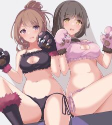 2girls :d animal_hands bare_shoulders black_bra black_hair black_panties blush bra breasts brown_hair cat_cutout cat_lingerie cleavage cleavage_cutout clothing_cutout collarbone frilled_bra frills gloves highres large_breasts long_hair looking_at_viewer medium_breasts meme_attire multiple_girls mushpz navel ongeki open_mouth panties paw_gloves ponytail purple_eyes sakurai_haruna_(ongeki) saotome_ayaka side-tie_panties smile stomach striped_background underwear yellow_eyes
