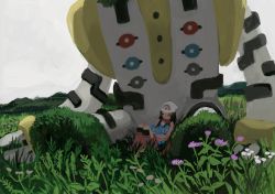 black_hair closed_eyes commentary_request dawn_(pokemon) day flower gen_4_pokemon grass highres holding holding_pokemon legendary_pokemon long_hair minahamu nintendo on_lap outdoors pokemon pokemon_(creature) pokemon_dppt pokemon_on_lap regigigas scarf shinx sitting sleeping