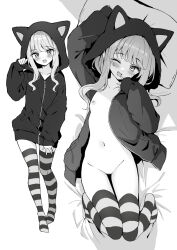 1girl animal_hood blush censored commentary_request greyscale highres hood jacket lying monochrome mosaic_censoring multiple_views navel nipples on_back one_eye_closed original paid_reward_available striped_clothes striped_thighhighs thalia thighhighs