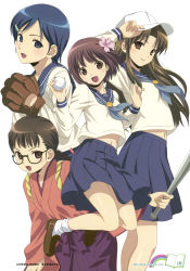 4girls absurdres baseball baseball_bat baseball_cap baseball_glove blue_eyes blue_hair bob_cut braid brown_eyes brown_hair flower glasses hair_flower hair_ornament hairclip hat hat_tip highres japanese_clothes kawashima_noe koutaro long_hair midriff multiple_girls ogasawara_akiko scan school_uniform serafuku short_hair suzukawa_koume taishou_yakyuu_musume tsukubae_tomoe