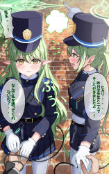 1boy 2girls absurdres armband belt black_belt black_hat black_jacket black_shorts black_skirt blue_archive blue_armband blush buttons closed_mouth demon_tail double-breasted earrings gloves green_hair green_halo halo hat highres hikari_(blue_archive) holding_hands jacket jewelry long_hair looking_at_another looking_at_viewer miniskirt multiple_girls nozomi_(blue_archive) open_mouth pantyhose peaked_cap pleated_skirt pointy_ears pout pov shem_kako shirt short_shorts shorts siblings sidelocks single_earring sisters skirt smile tail tail_around_arm twins twintails twitter_username white_gloves white_pantyhose white_shirt yellow_eyes