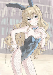 1girl animal_ear_hairband animal_ears ata_(tsumari) blonde_hair blue_bow blue_bowtie blue_eyes blue_hairband blue_leotard blush bow bowtie breasts cleavage commentary_request cowboy_shot detached_collar fake_animal_ears fishnet_pantyhose fishnets hairband hand_on_own_chest hand_on_own_hip highres leotard long_hair looking_at_viewer original pantyhose playboy_bunny rabbit_ear_hairband rabbit_ears rabbit_tail sketch small_breasts smile solo tail wavy_hair wrist_cuffs