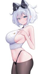 1girl :3 absurdres animal_ears azur_lane bare_arms black_panties black_pantyhose blue_eyes blush breasts cowboy_shot crop_top cropped_shirt demcheg fake_animal_ears from_side goggles goggles_on_head highleg highleg_panties highres large_breasts looking_at_viewer lowleg lowleg_pantyhose navel oleg_(azur_lane) panties pantyhose shirt short_hair sideboob simple_background skindentation sleeveless sleeveless_shirt smile solo underwear white_background white_hair white_shirt
