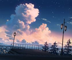 city cloud cloudy_sky commentary_request lamppost mizuasagi night night_sky no_humans original outdoors railing scenery sky stairs star_(sky) starry_sky tree