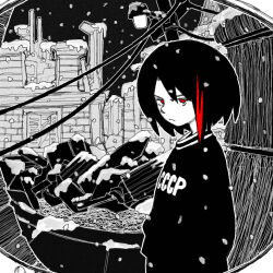 Rule 34 | 1girl, album cover, black hair, black hoodie, cover, destroyed city, highres, hood, hoodie, hope left me (astrophysics), image sample, looking at viewer, pale skin, red eyes, red hair, sasha (astrophysics), snow, snowflakes, snowing, ussr