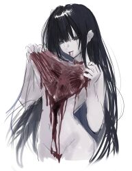 1girl akai_ringo_(eveyuno) blood blood_from_mouth half-closed_eyes highres holding long_hair looking_down original raw_meat standing white_background