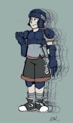 1boy 2021 afterimage armor armored_gloves black_eyes brown_hair clenched_hand dreadlocks fighting_vipers helmet looking_up picky_(fighting_vipers) rwiseart sega shoes shorts shoulder_armor signature simple_background sketch smile