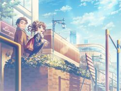 Rule 34 | 1boy, 1girl, bag, bang dream!, blue eyes, brown hair, cloud, father and daughter, grey scarf, hair ribbon, jacket, lamppost, long hair, official art, outdoors, playground, ponytail, ribbon, road, scarf, short hair, sky, street, wavy hair, yamabuki saya