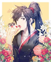 Rule 34 | 2boys, ahoge, black eyes, black hair, black hanfu, brown eyes, cake, chinese clothes, cream, cream on face, eating, floral background, flower, food, food on face, fruit, hair tie, hanfu, highres, holding, holding cake, holding food, implied yaoi, jujeop, korean commentary, lan wangji, leaf, licking, long hair, looking at viewer, male focus, mini person, miniboy, modao zushi, multiple boys, notice lines, open mouth, peony (flower), pink flower, ponytail, red flower, robe, sidelocks, solo focus, sparkle, strawberry, strawberry shortcake, suggestive fluid, tongue, upper body, water drop, wei wuxian, white flower, wide sleeves, yellow flower