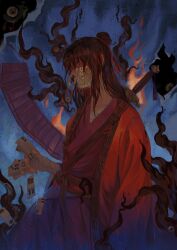 1815983628 1boy absurdres arm_at_side bamboo_slips bandaged_arm bandaged_chest bandaged_hand bandages black_hair brown_hair card chinese_commentary coat coin coin_mask coin_on_string collarbone cowboy_shot creature dao_gui_yi_xian dark eyeball fire glowing glowing_eye hair_bun hair_ribbon half_updo highres holding holding_card holed_coin hong_zhong_(li_huowang) li_huowang long_hair long_sleeves looking_at_viewer male_focus mask mouth_veil night open_clothes open_coat parted_lips playing_card purple_hanfu red_coat red_eyes red_ribbon ribbon robe sash scroll sheath sheathed shoulder_belt single_hair_bun sitting solo sword sword_on_back sword_tassel tassel tentacles veil weapon weapon_on_back wide_sleeves zuo_wang_dao