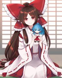Rule 34 | 1girl, absurdly long hair, beikeice, blue eyes, blue hair, bow, brown hair, chihaya (clothing), chinese commentary, closed mouth, detached sleeves, frilled bow, frilled hair tubes, frills, fumo (doll), gensokyo&#039;s first hakurei miko, hair bow, hair tubes, highres, holding, holding stuffed toy, huge bow, japanese clothes, kosode, large bow, long hair, long sleeves, looking at viewer, miko, miyadeguchi mizuchi, miyadeguchi mizuchi (human), ponytail, red eyes, ribbon-trimmed sleeves, ribbon trim, sitting, smile, solo, stuffed toy, tatami, touhou, very long hair, wariza, wide sleeves