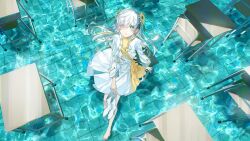 1girl absurdres barefoot blonde_hair blue_eyes boots commentary_request desk dress flower from_above full_body hair_flower hair_ornament heterochromia highres isekaijoucho isekaijoucho_(artist) kamitsubaki_studio long_hair looking_at_viewer multicolored_hair official_art red_eyes school_desk solo two-tone_hair unworn_boots water white_hair