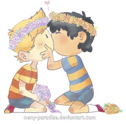 bad_tag black_hair blonde_hair child crown head_wreath kiss lucas_(mother_3) mother_(series) mother_2 mother_3 neny-paradise ness_(mother_2) nintendo shirt shota striped_clothes striped_shirt super_smash_bros. yaoi
