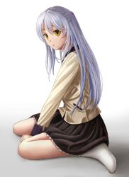 Rule 34 | 1girl, absurdres, angel beats!, between legs, black skirt, closed mouth, commentary request, eyebrows hidden by hair, eyelashes, from side, full body, hair between eyes, half updo, hand between legs, highres, jacket, lace, lace-trimmed skirt, lace trim, light frown, long hair, long sleeves, looking at viewer, molqs78gzd27169, no shoes, pleated skirt, school uniform, simple background, sitting, skirt, socks, solo, straight hair, tachibana kanade, wariza, white background, white hair, white socks, yellow eyes, yellow jacket